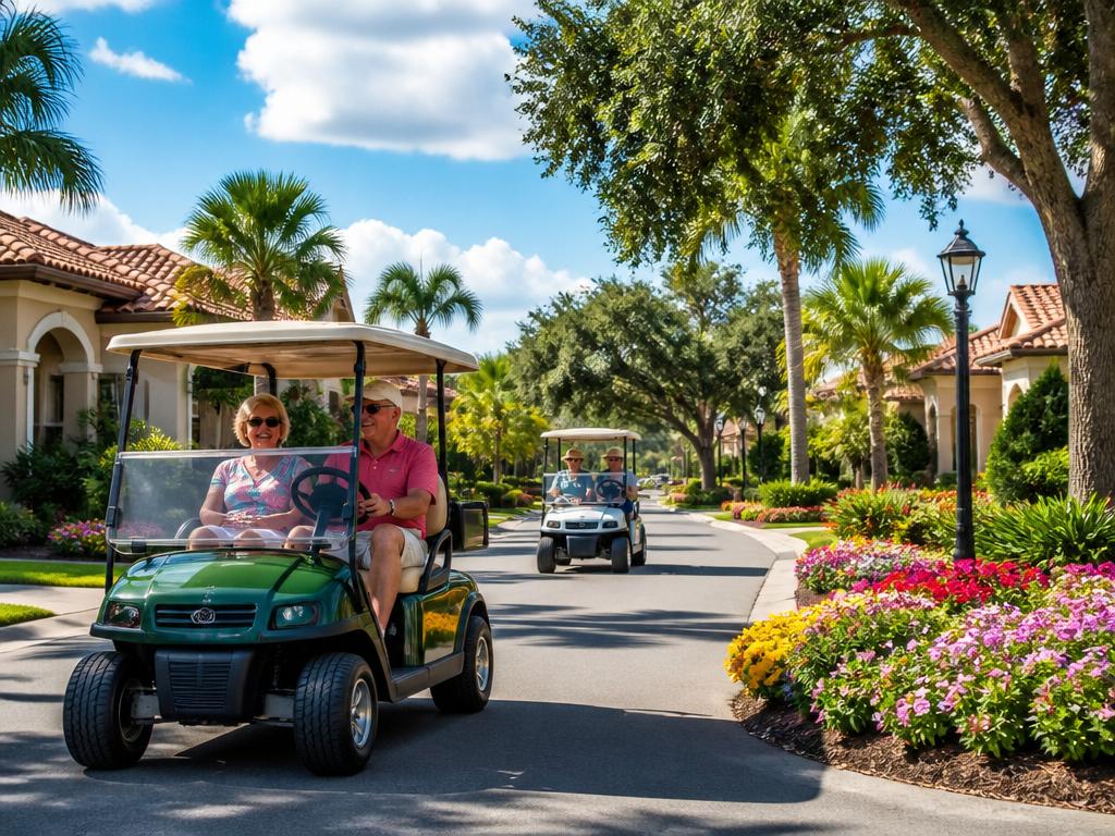Residents enjoying golf carts along a tree-lined Villages street